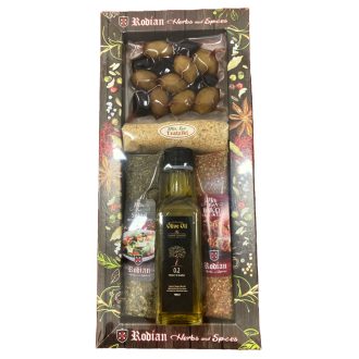   Rodoszi #1 görög ajándékcsomag: 3 féle fűszer + 100ml olívaolaj + 75g olívabogyó