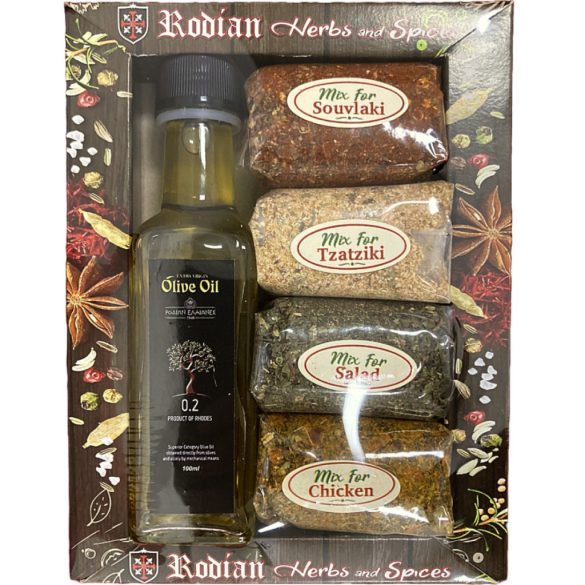 Rodoszi #2 görög ajándékcsomag: 4 féle fűszer + 100ml olívaolaj