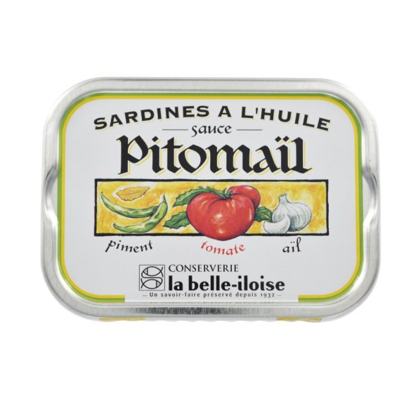 Szardínia mogyoró- és olívaolajban, Pitomaïl szósszal (paprika, paradicsom, fokhagyma), la belle-iloise, 115g