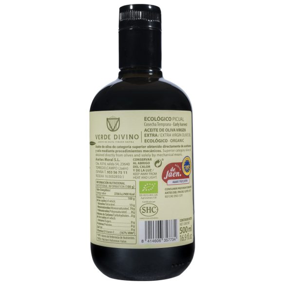 Korai szüretelésű extraszűz olívaolaj, bio Picual fajta, Verde Divino, 500ml