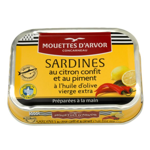 Szardínia extraszűz olívaolajban, konfitált citrommal, csipetnyi chilivel, Mouettes d'Arvor, 115g