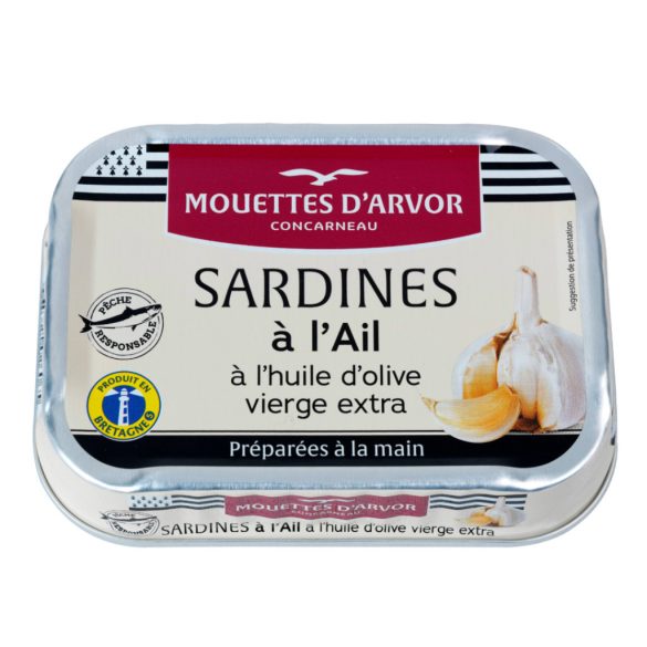 Szardínia extraszűz olívaolajban, fokhagymával, Mouettes d'Arvor, 115g
