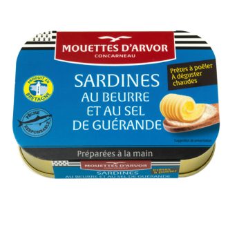   Szardínia vajjal, Guérande-i tengeri sóval, melegen fogyasztandó, Mouettes d'Arvor, 115g
