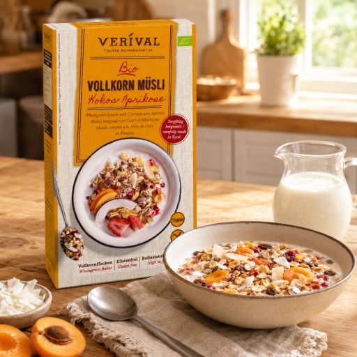Tiroli bio kókuszos-sárgabarackos teljes kiőrlésű müzli, Verival, 325g