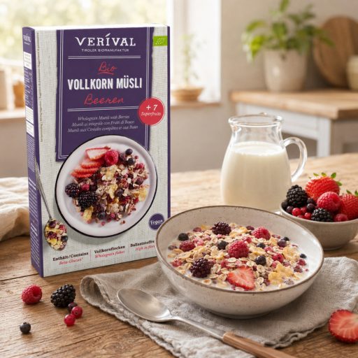 Tiroli bio bogyós gyümölcsös teljes kiőrlésű müzli, Verival, 325g