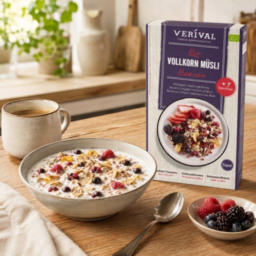 Tiroli bio bogyós gyümölcsös teljes kiőrlésű müzli, Verival, 325g