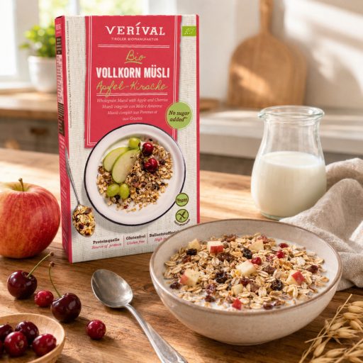 Tiroli bio almás-meggyes teljes kiőrlésű müzli, Verival, 300g