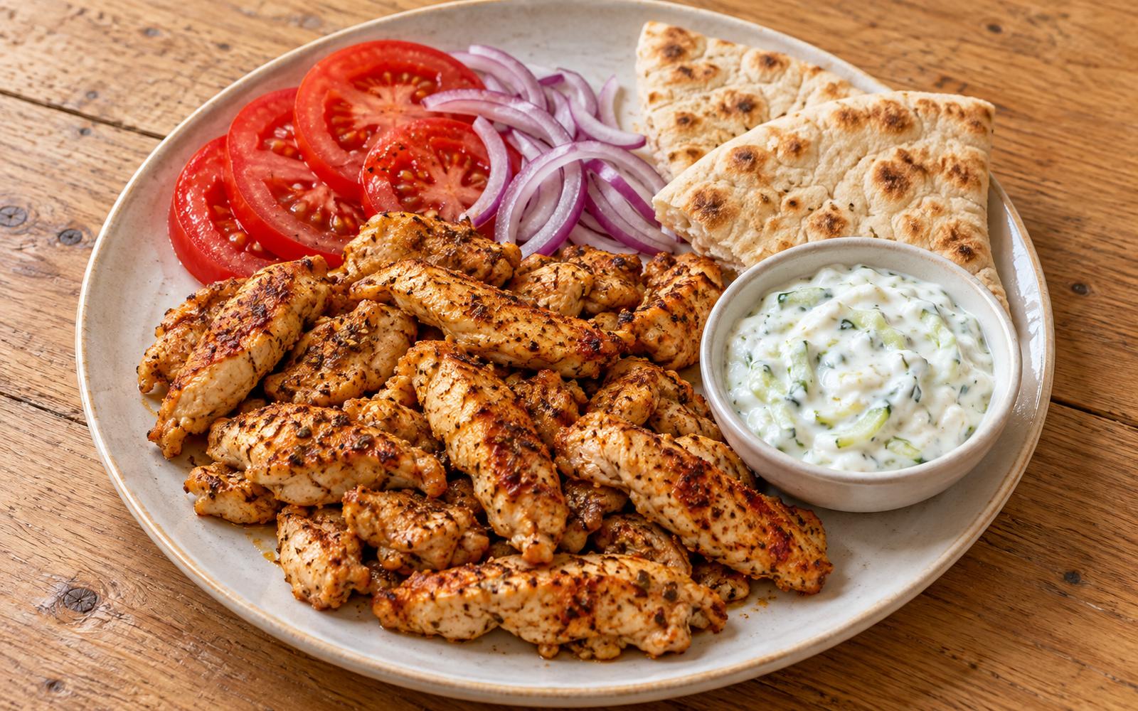 Csirke gyros serpenyőben: szaftos hús, sűrű tzatziki