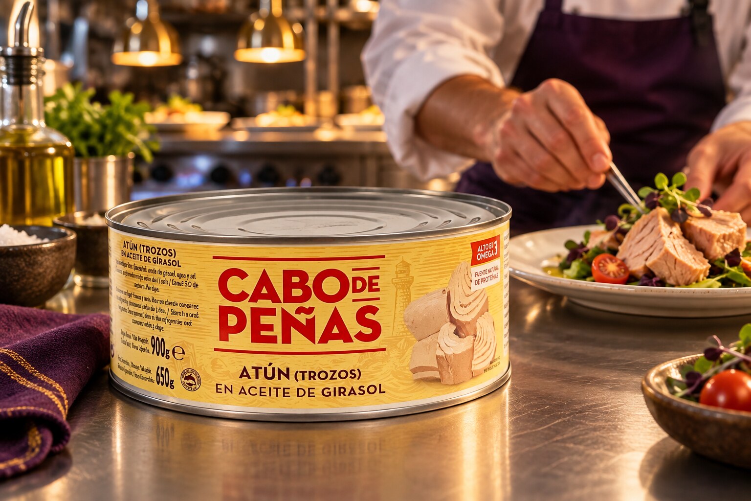 Ecuadori tonhal darabok olajban, konzerv, Cabo de Peñas, 900g – felhasználási környezetben