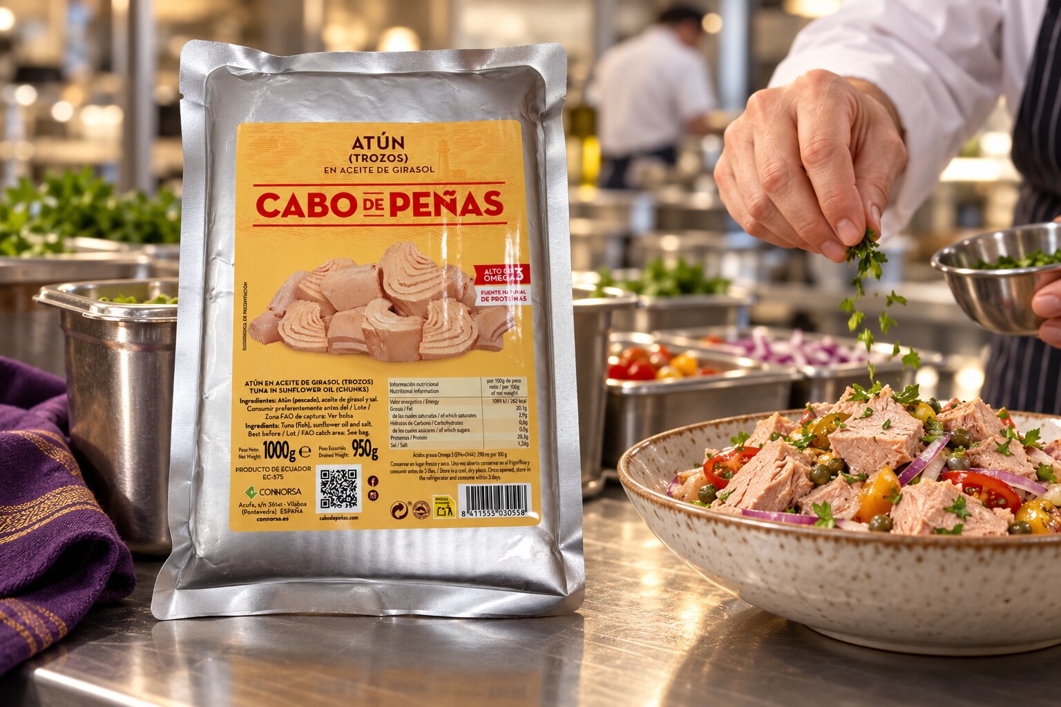 Ecuadori tonhal darabok olajban, zacskós, Cabo de Peñas, 1000g – felhasználási környezetben
