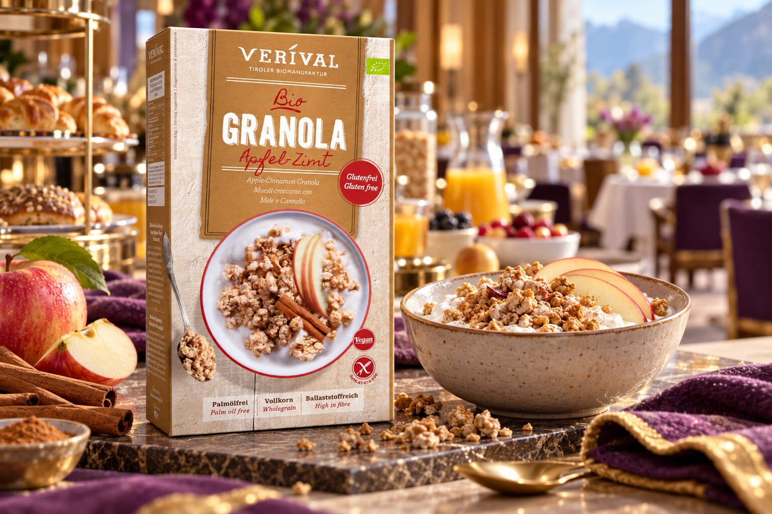 Verival granola gyümölccsel, szállodai reggelihez