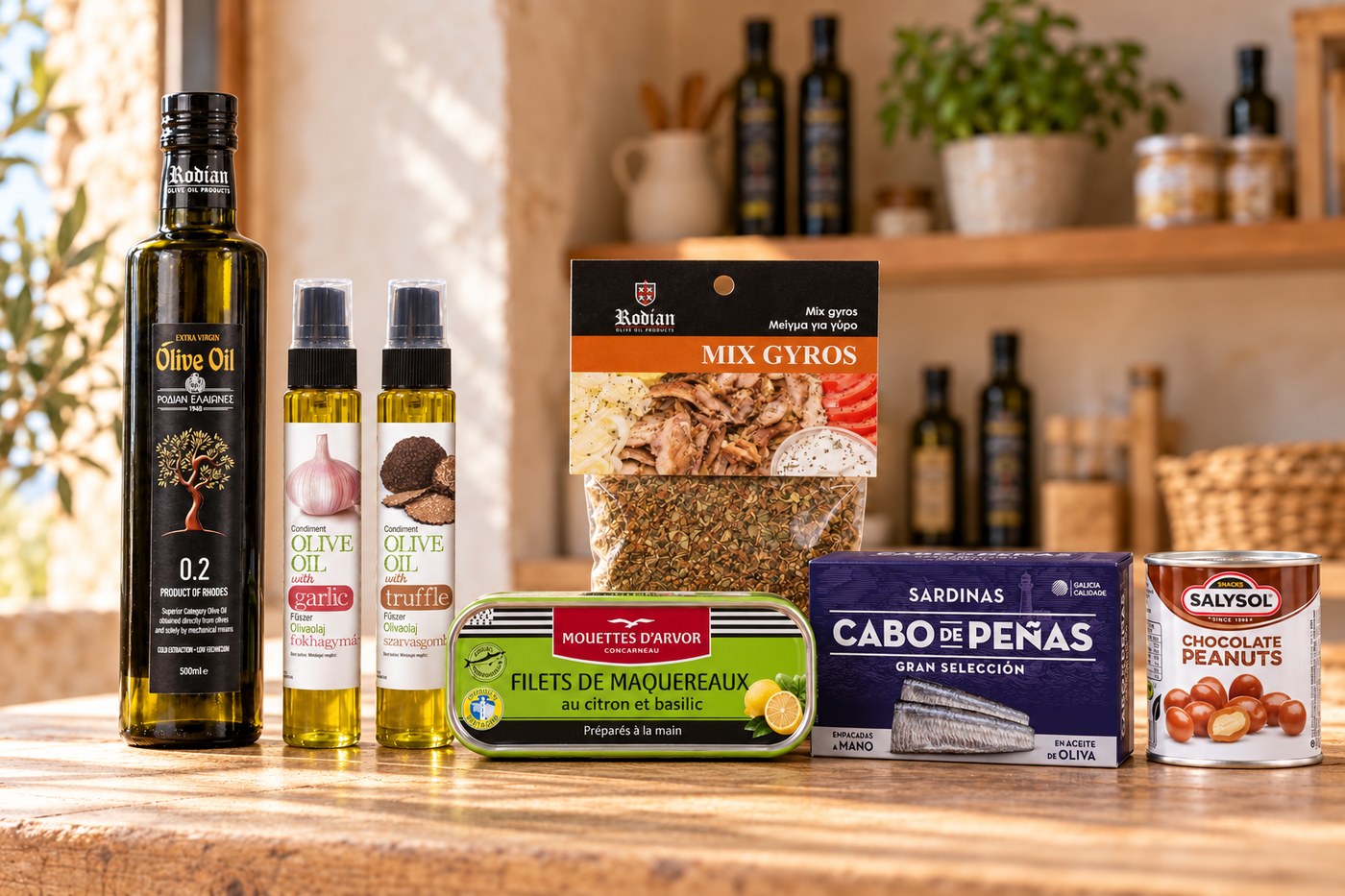 Delikáteszválaszték Cretan Mill fokhagymás és szarvasgombás olívaolaj spray-vel és galiciai prémium szardíniával