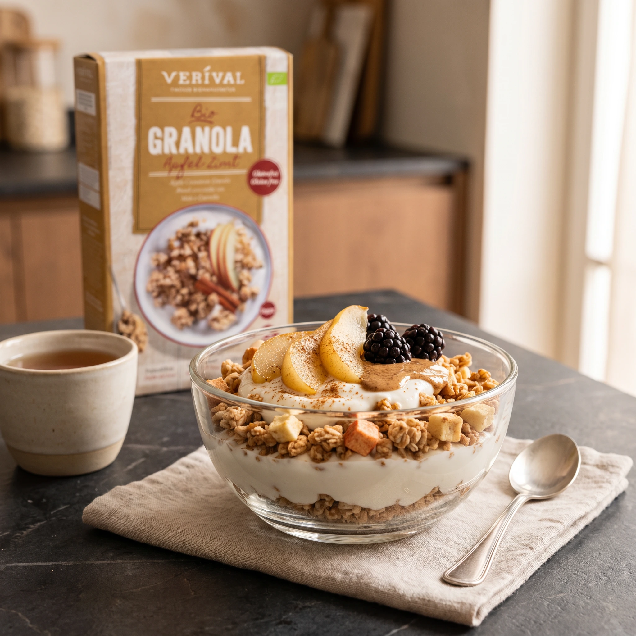 Almás granola görög joghurttal, meleg körtével, szederrel és mandulavajjal