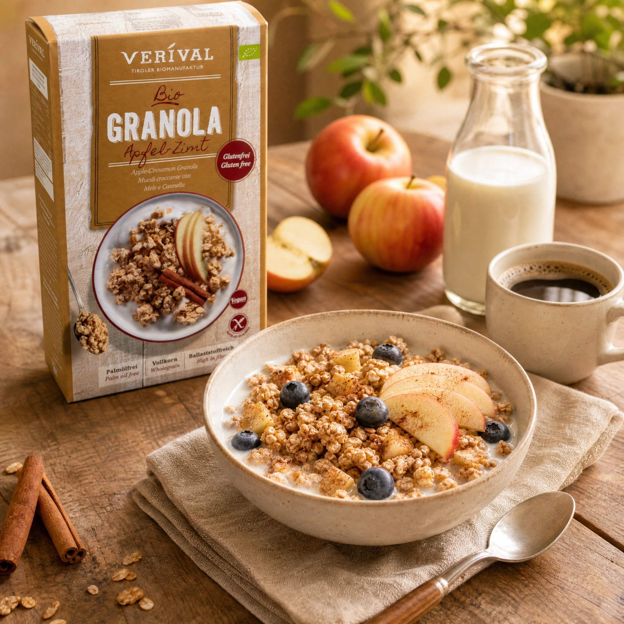 Almás fahéjas granola tejjel, friss almával, áfonyával és fahéjjal