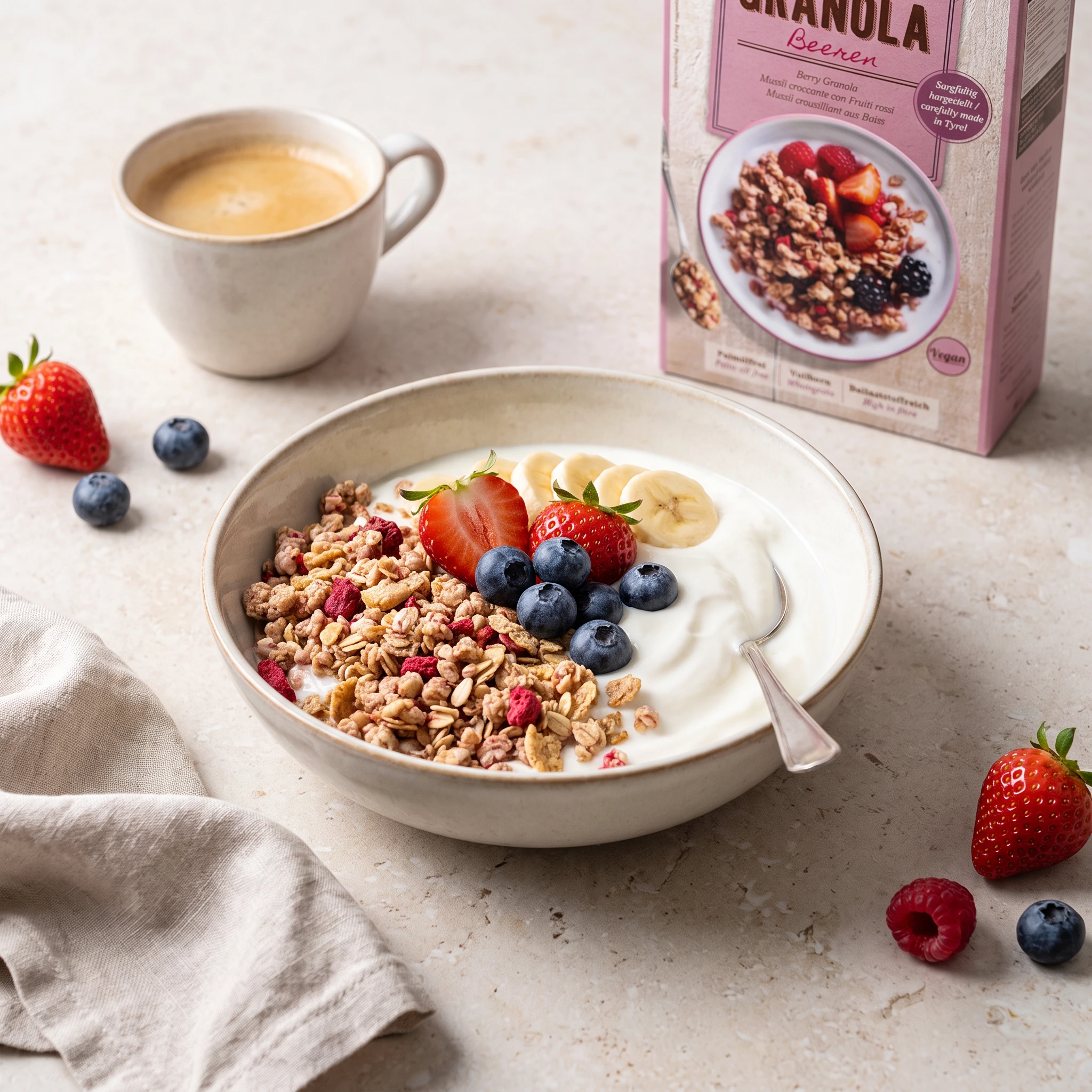 Bogyós gyümölcsös granola görög joghurttal, eperrel, áfonyával és banánszeletekkel