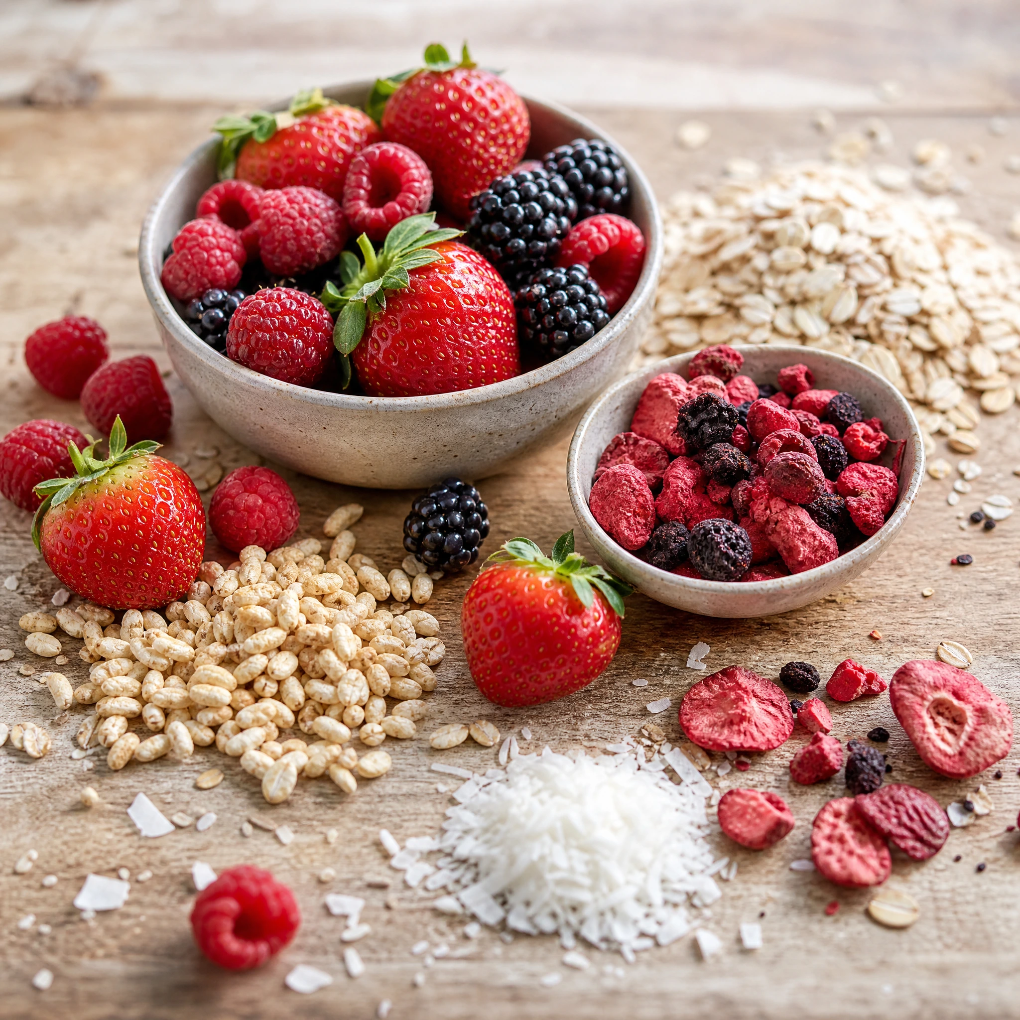 ogyós gyümölcsös granola alapanyagai, zabpehely, puffasztott rizs, kókusz, eper, málna és szeder