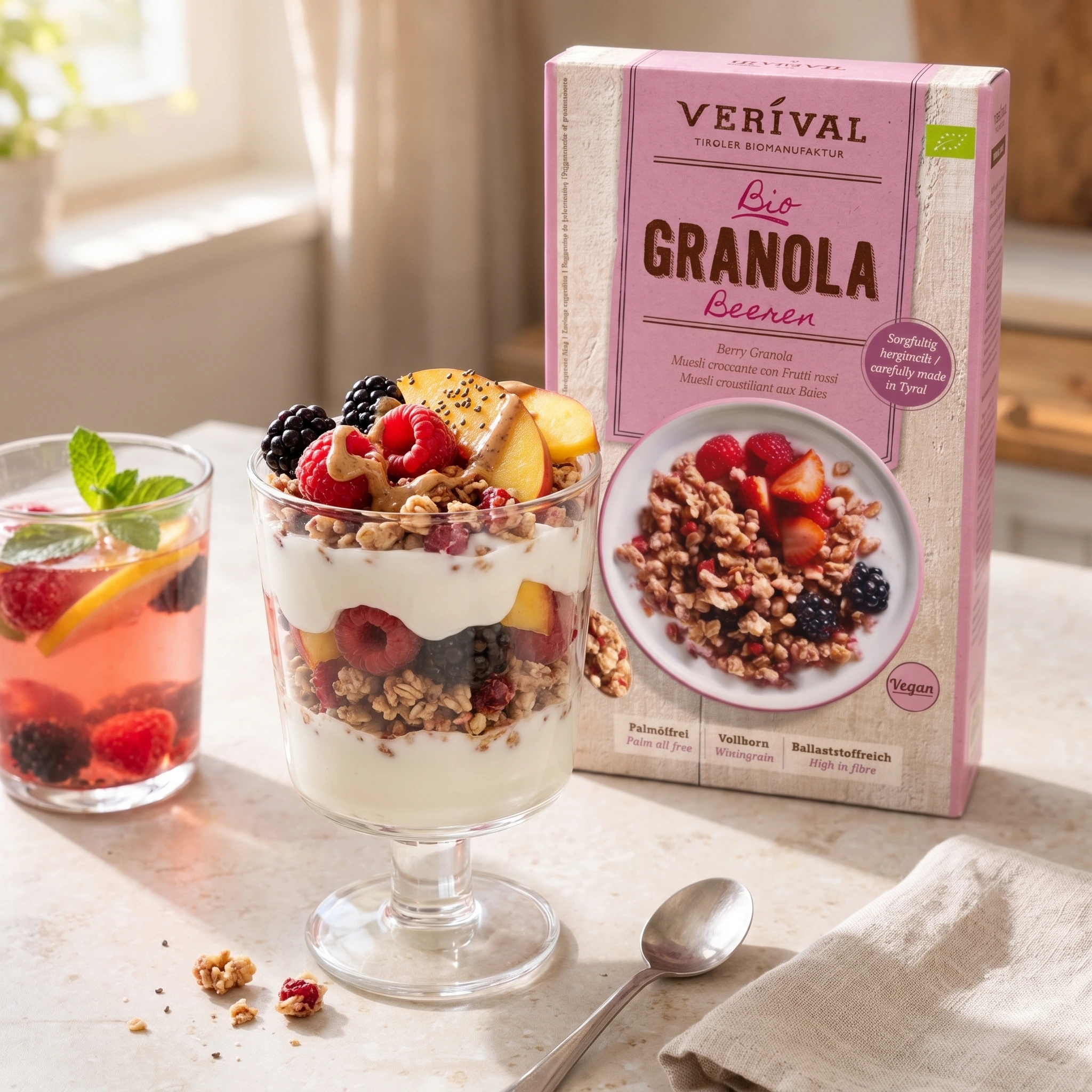 Gyümölcsös granola joghurtos pohárkrémként málnával, szederrel és barackszeletekkel