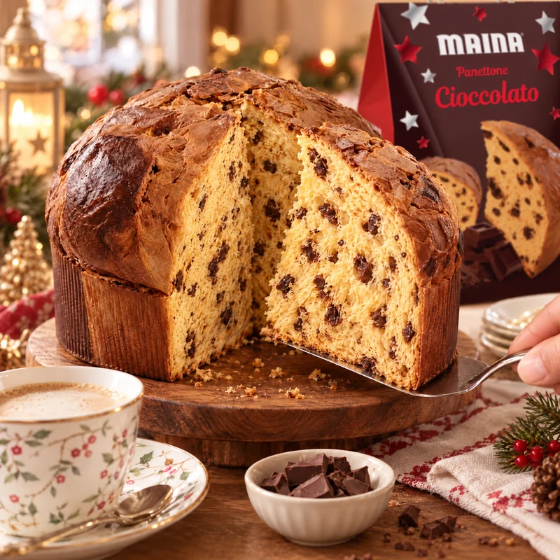 Maina csokoládés panettone felvágva, jól látható csokoládédarabokkal, ünnepi reggelizőasztalon, eredeti csomagolásával a háttérben.