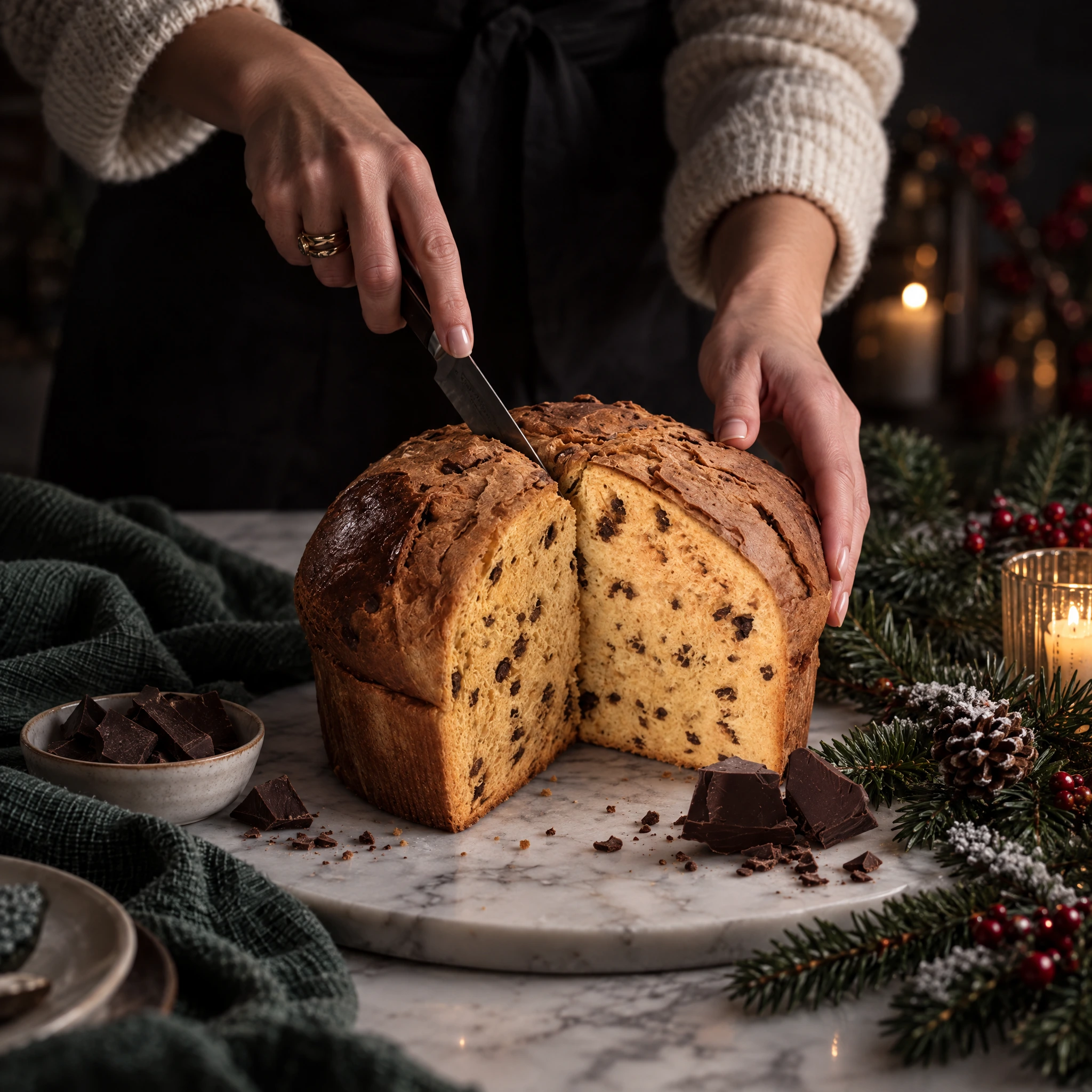 Kézzel szeletelt Maina csokidarabos panettone, puha, foszlós tésztával, hangulatos karácsonyi környezetben.
