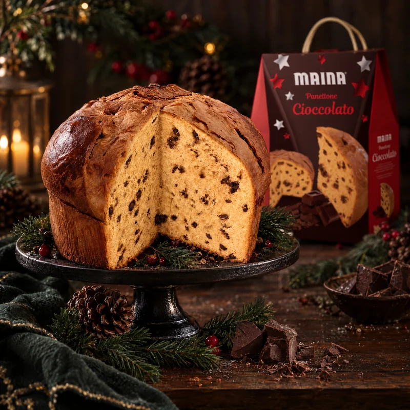 Felvágott Maina csokis panettone elegáns süteményállványon, karácsonyi dekorációval és eredeti termékcsomagolással a háttérben.