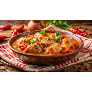 Csirkepaprikás szegedi fűszerpaprika-őrlemény hozzáadásával