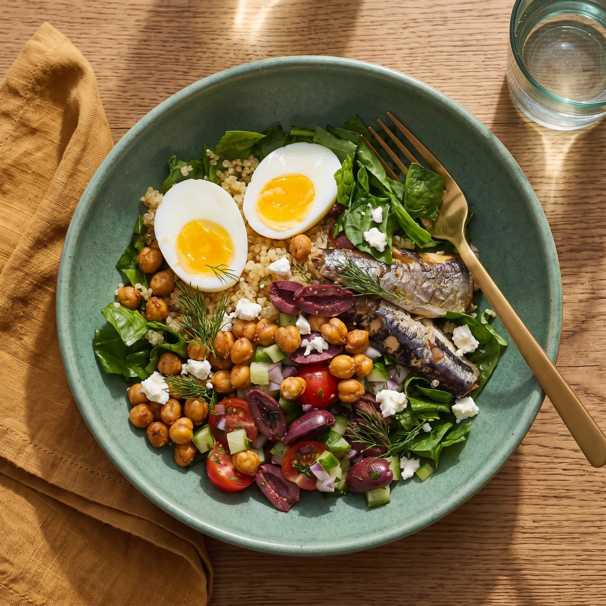 Szardíniás quinoa bowl zöldségekkel és friss salátával