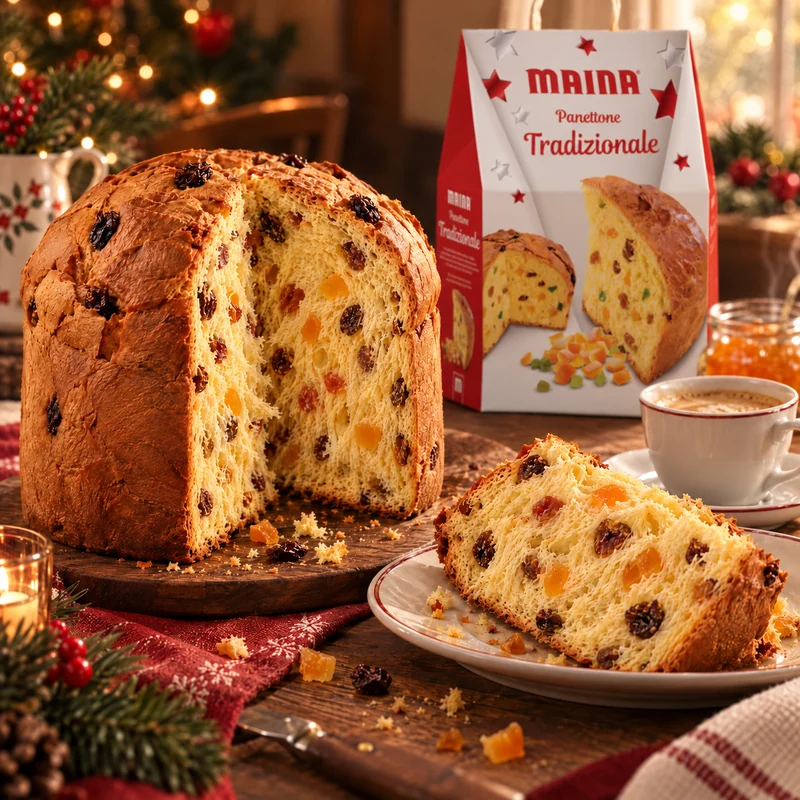 Maina narancsos-mazsolás panettone felszeletelve, karácsonyi reggelizőasztalon, az eredeti termékcsomagolással a háttérben.