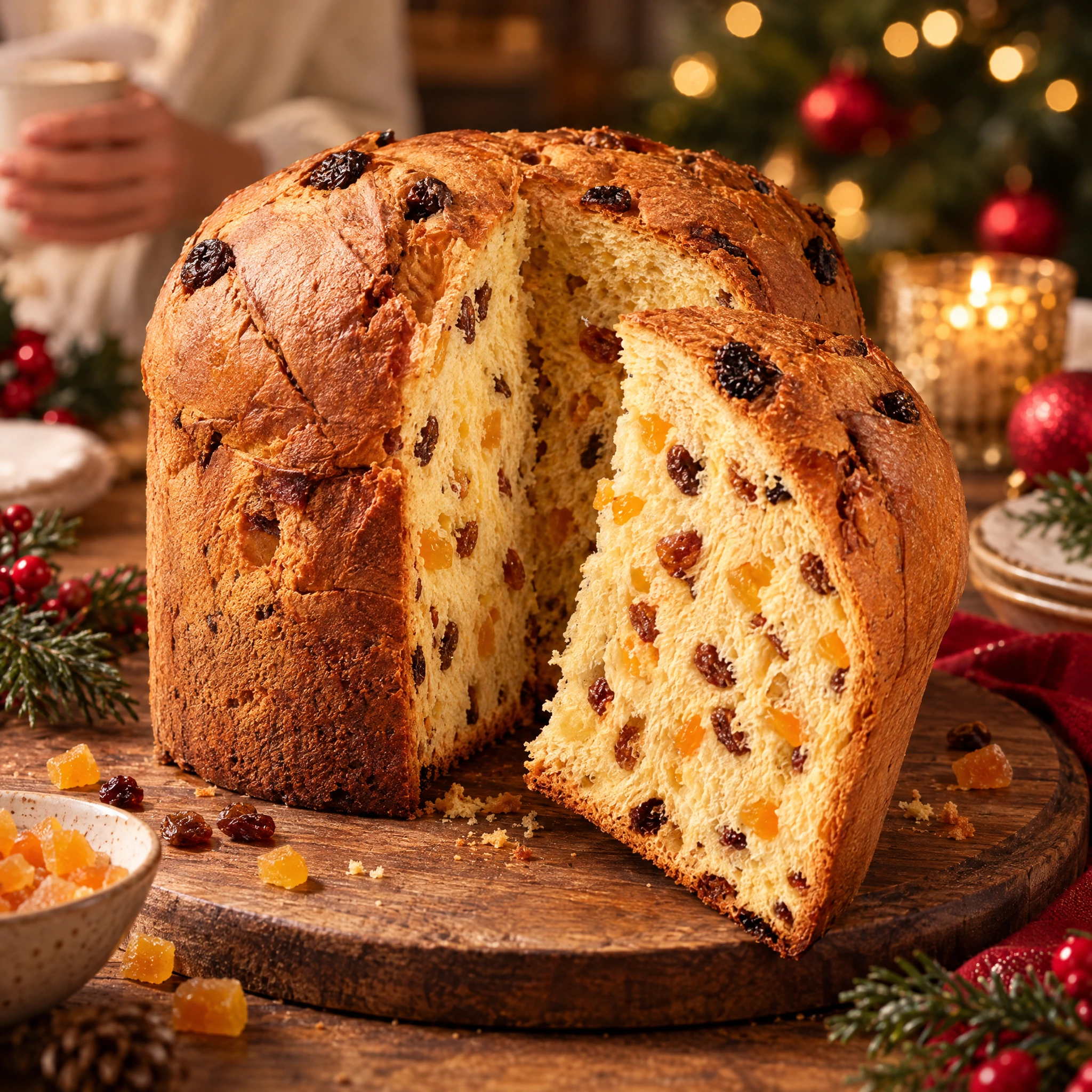 Felvágott olasz Maina panettone mazsolával és kandírozott narancshéjjal, ünnepi asztali környezetben, karácsonyi dekorációval.