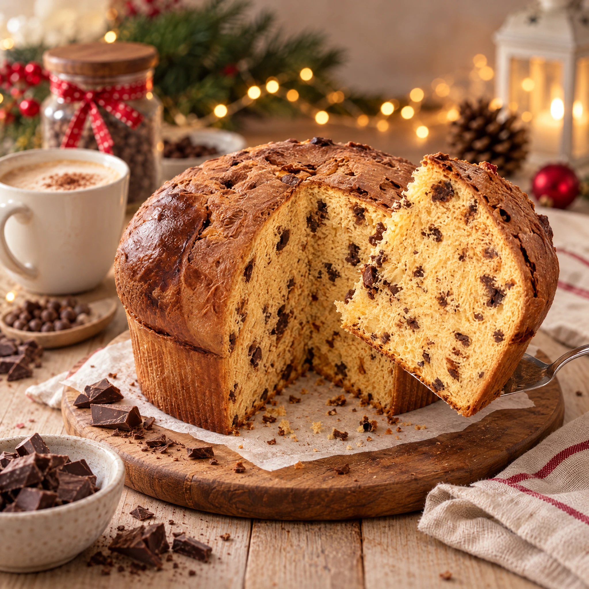 Csokoládés olasz panettone szeletelve, kandírozott gyümölcsökkel és mazsolával, karácsonyi díszek és forró ital mellett.