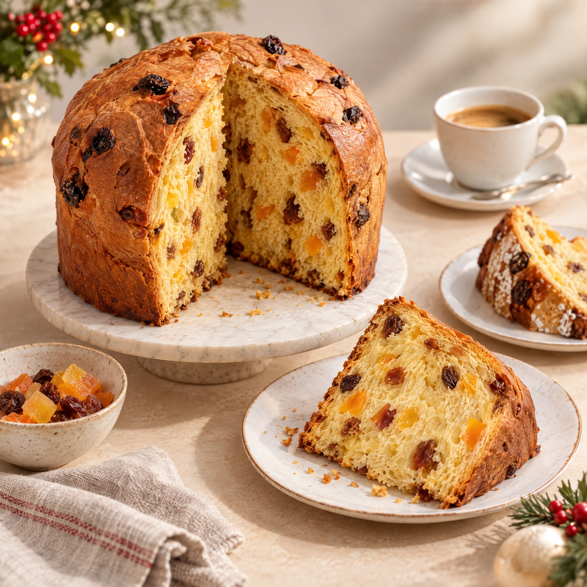 Foszlós, gyümölcsös panettone felszeletelve, kávéval és krémes desszerttel tálalva egy elegáns reggelizőasztalon.