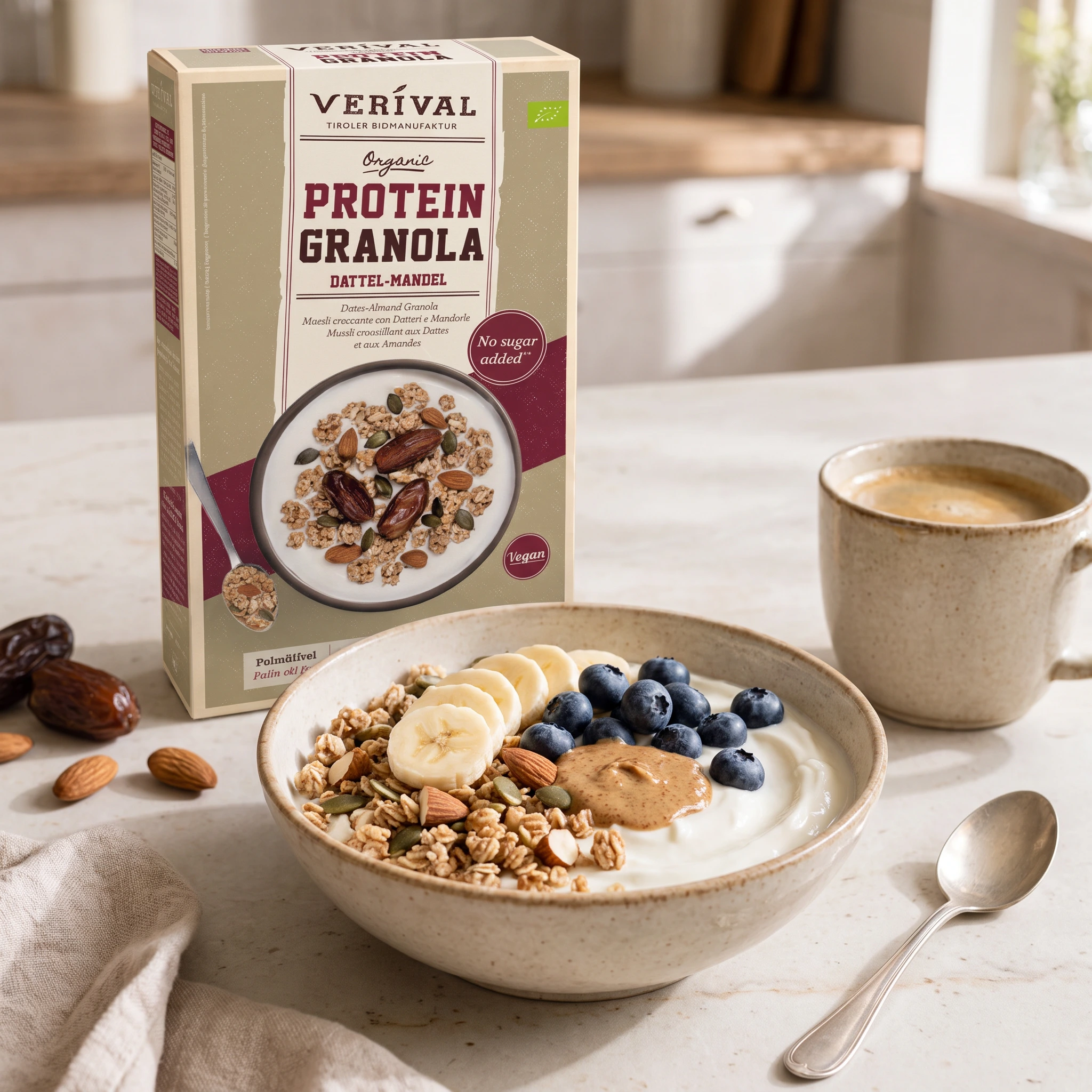 Protein granola görög joghurttal, banánnal, áfonyával és mandulavajjal