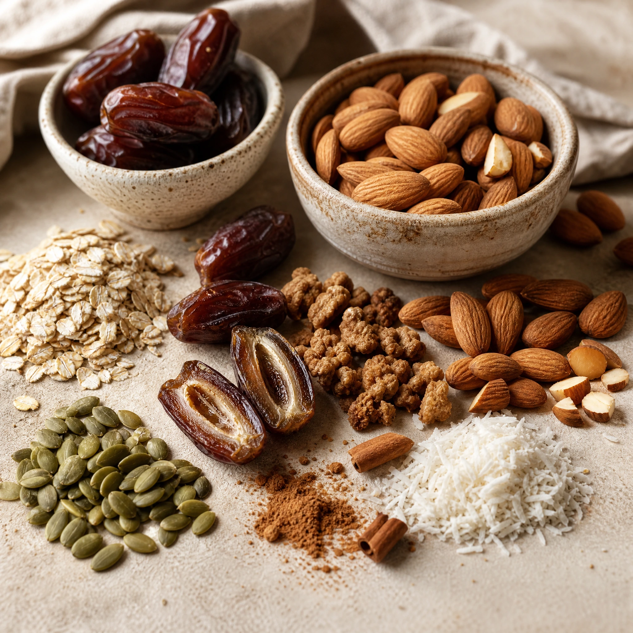 Protein granola alapanyagai, zabpehely, datolya, mandula, tökmag, kókusz és fahéj