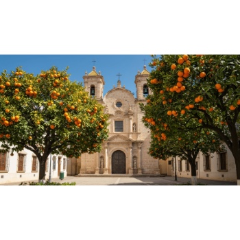 Jellegzetes narancsfák Sevillában, Spanyolországban