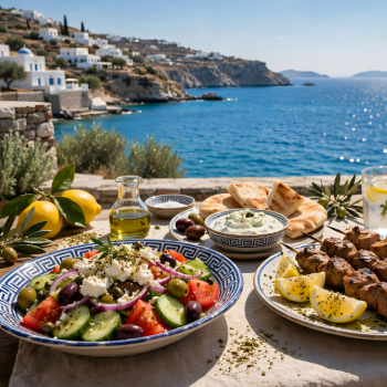 Souvlaki fűszerkeverékkel ízesített görög csirkenyárs friss zöldségekkel