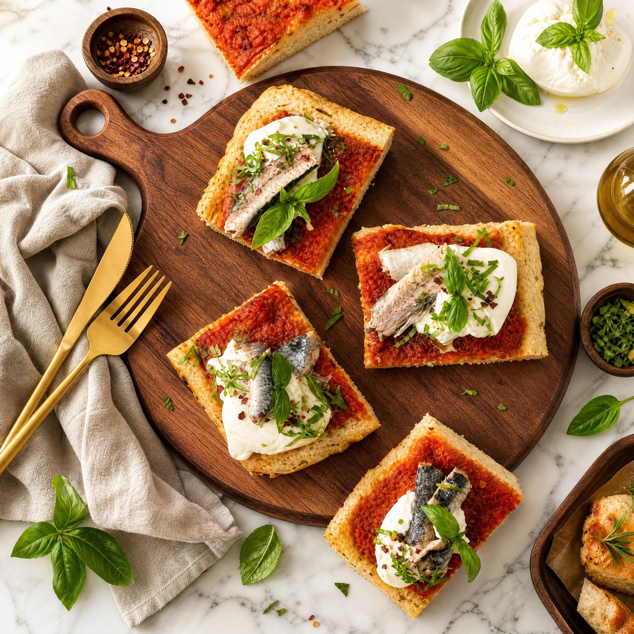 Szardínia extraszűz olívaolajban, focaccia kenyéren tálalva