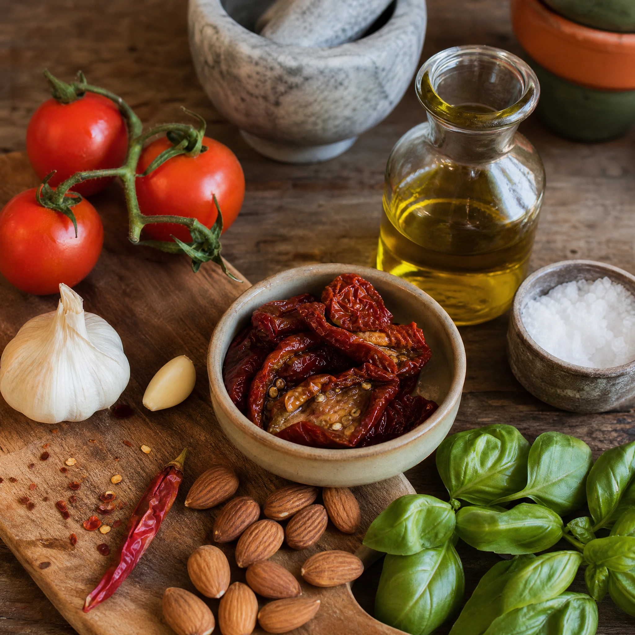 Hagyományos szicíliai vörös pesto hozzávalói